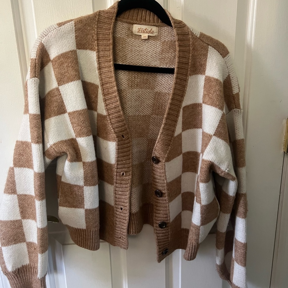 Listicle Brown and White Checkered Cropped Cardigan